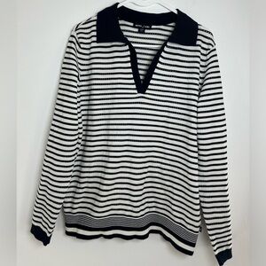 Nautica Women's Long Sleeve Striped Johnny Collar Pointelle Stitch. Size Large